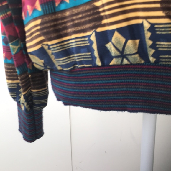 Vintage 80s Jewel Tone Striped Geometric Snowflake Turtleneck Satiny Winter Top - Picture 3 of 8